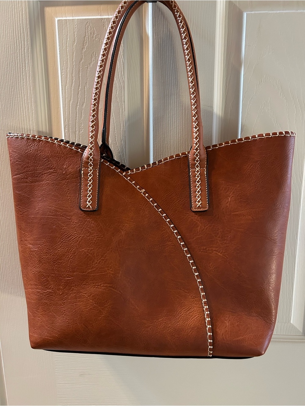 Natural Brown Vegan Leather Shoulder Bag w/large accessory bag 12”x 16” Pristine